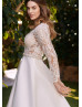 Beaded Ivory Lace Satin Sheer Back Modern Wedding Dress